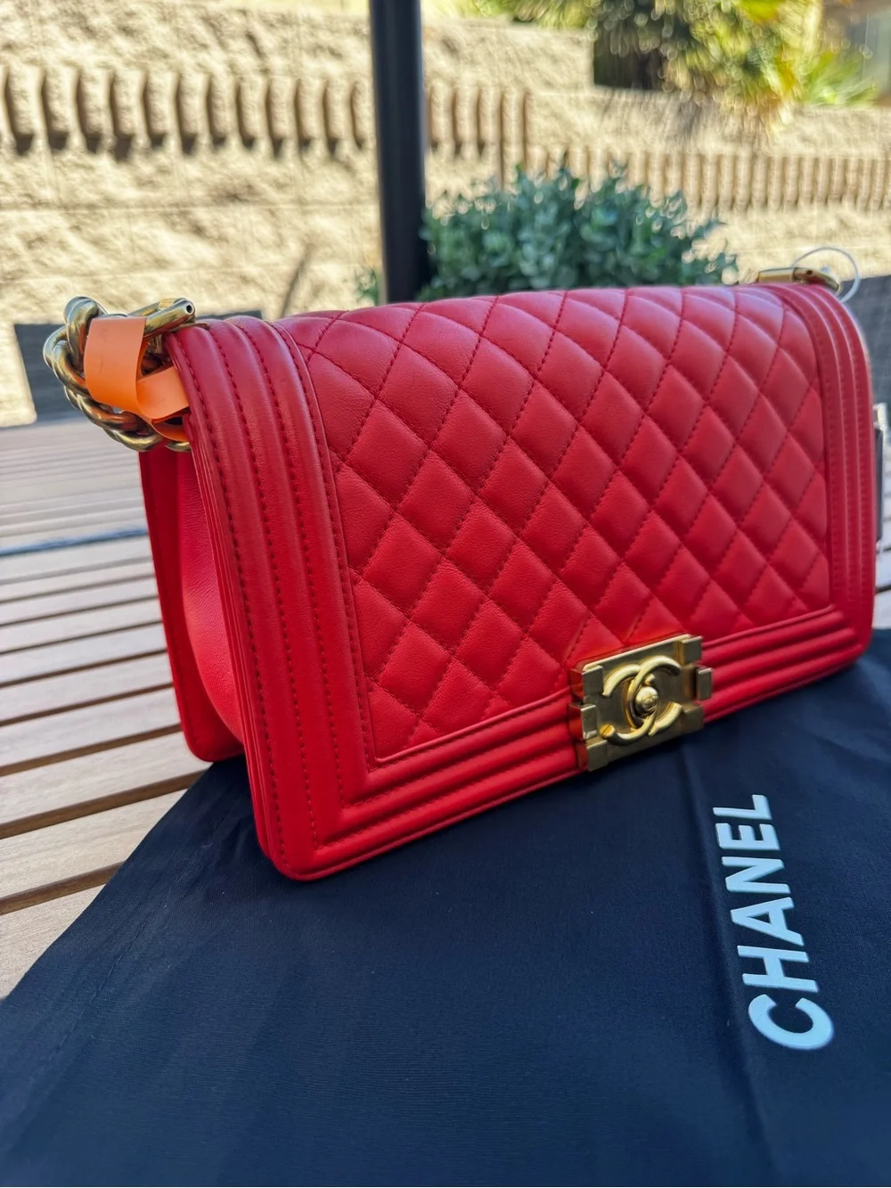 CHANEL Red Quilted Boy Shoulder Bag with Gold Hardware